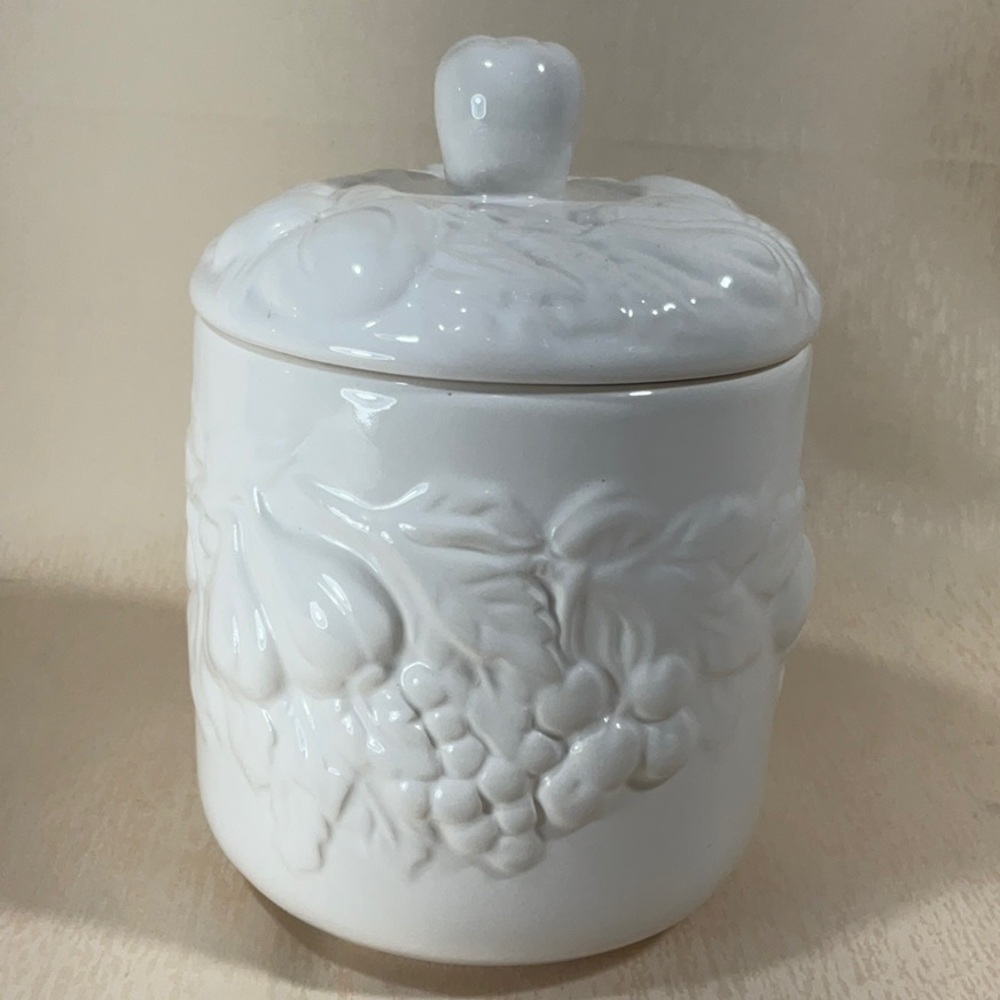 White Fruit Embossed White Ceramic Canister Hand Crafted